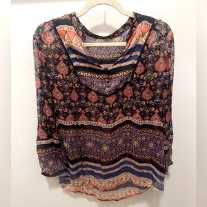 VTG Y2K Boho Multicolor Black Semi Sheer Long Sleeve Blouse Top Festival